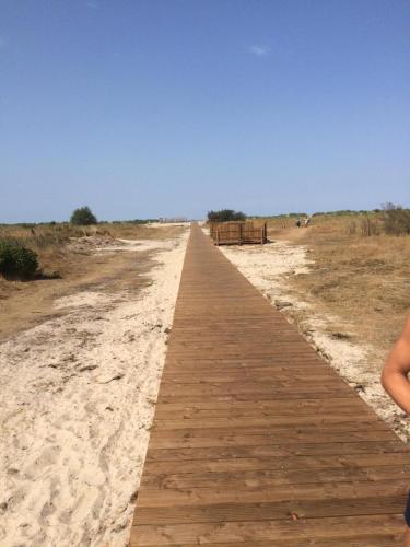 a wooden boardwalk in the middle of a beach at Deichkrone in Horumersiel
