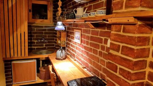 a kitchen with a brick wall and a wooden table at Base for Adventurers - Urban Guerrilla in Negotin