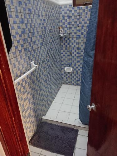 a bathroom with a shower with a blue tiled floor at Suite Valentina in Puebla