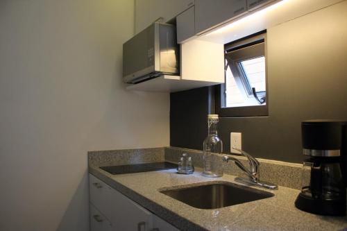 a kitchen counter with a sink and a window at Small cozy apartment in the historic center in Puebla