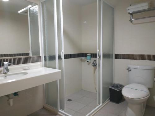 a bathroom with a shower and a sink and a toilet at Tsengwen Youth Activity Center in Nanxi