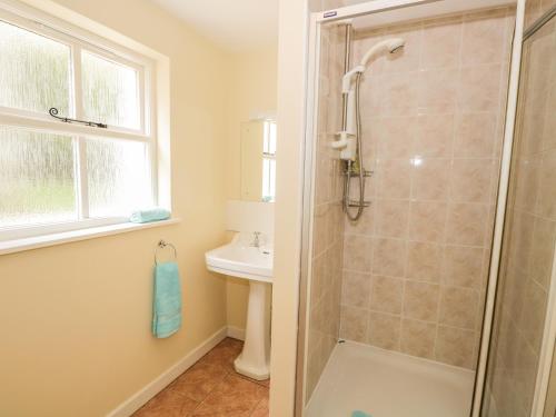 a bathroom with a shower and a sink at Town End Farmhouse in Newby Bridge