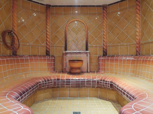 a tiled bathroom with a toilet in the middle at Stiegenwirt in Palfau