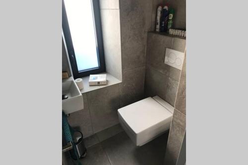 une salle de bain avec toilettes, lavabo et fenêtre dans l'établissement Charmante maison rénovée en Pays de la Loire ., à Durtal