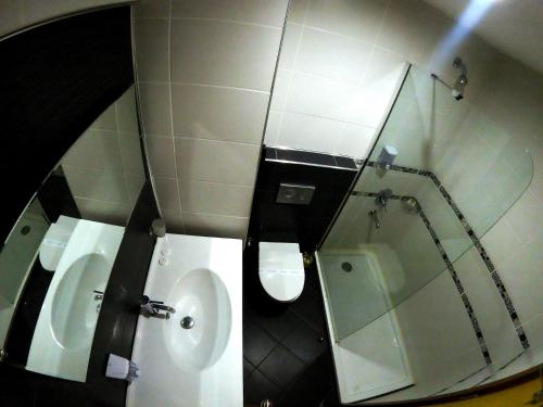 bagno con servizi igienici, lavandino e specchio di Afytos Bodrum City a Muğla
