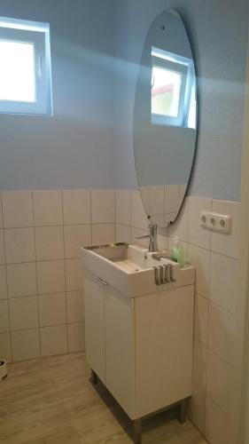 a bathroom with a sink and a mirror at ApartmentHotel Vollumen in Redwitz an der Rodach