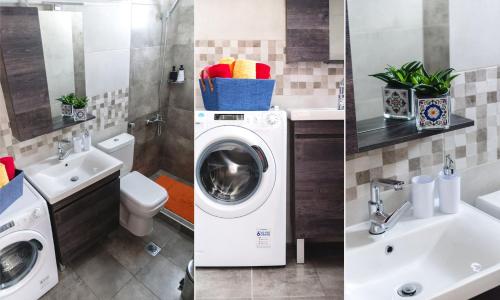 three pictures of a bathroom with a washing machine and a sink at Sea Breeze Vibes in Nea Peramos