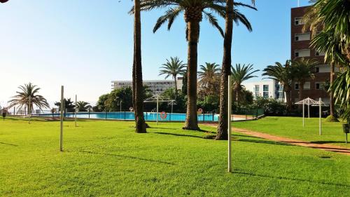 un parque con palmeras y una piscina en Apartamento Playa Centro Vistas Mar, en Torremolinos