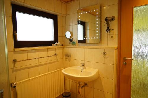 a bathroom with a sink and a mirror and a window at Pension Nr. 13 - B&B in Pirna