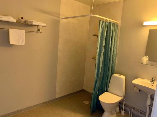 La salle de bains est pourvue de toilettes, d'une douche et d'un lavabo. dans l'établissement Rasta Arboga, à Arboga