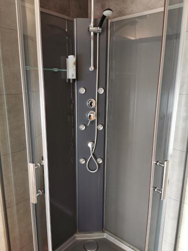 a shower with a glass door in a bathroom at Hôtel Belair "Ravel Etape" in Waimes