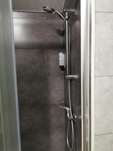 a shower with a glass door in a bathroom at Hôtel Belair "Ravel Etape" in Waimes
