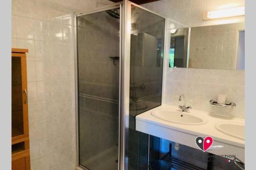a bathroom with a sink and a glass shower at OCELANDES 86 in Saint-Julien-en-Born