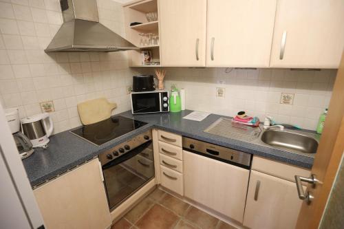 a small kitchen with white cabinets and a sink at Landhaus Schlossberg in Medebach