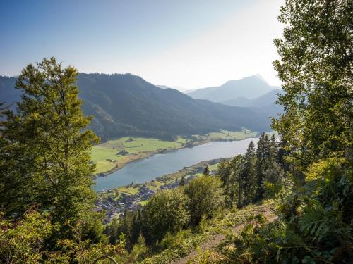 a view of a river with mountains in the background at Hotel Neusacherhof in Weissensee