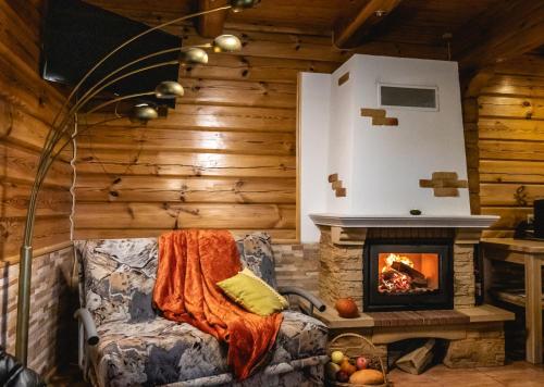 a living room with a couch and a fireplace at Baltās anemones in Jumprava