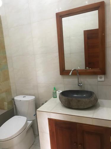 a bathroom with a sink and a toilet and a mirror at Tasik Dumun Homestay and Waroeng in Amed