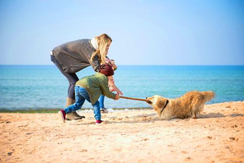 a woman and a child playing with a dog on the beach at Hotel Lidia Spa & Wellness in Darłówko