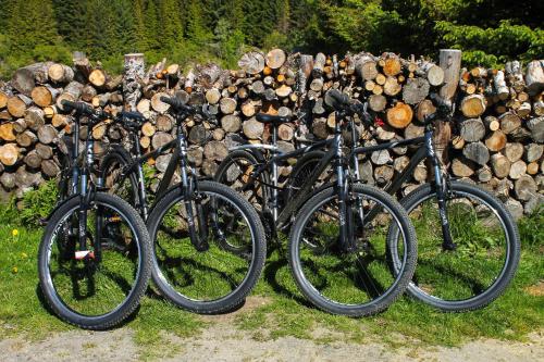 a group of bikes parked next to a pile of logs at Lofoten Camp in Stamsund