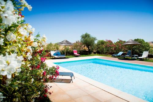 una piscina con sillas, sombrillas y flores en Casa dos Castelejos, en Guerreiro