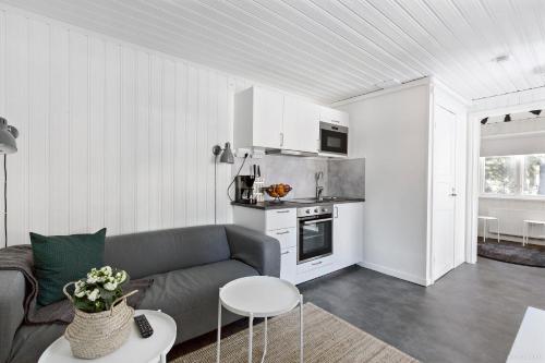a living room with a couch and a kitchen at First Camp Ånnaboda-Örebro in Garphyttan