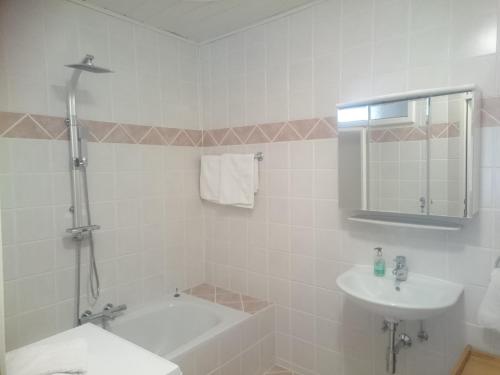 ein Badezimmer mit einem Waschbecken, einer Badewanne und einem WC in der Unterkunft Parkvilla Mallnitz in Mallnitz