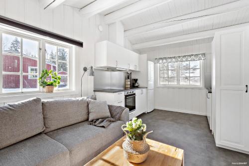 a living room with a couch and a kitchen at First Camp Ånnaboda-Örebro in Garphyttan