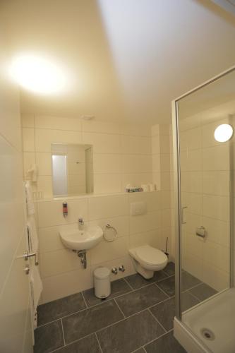 La salle de bains est pourvue de toilettes, d'un lavabo et d'une douche. dans l'établissement Galeria Airport Hotel, à Mörfelden-Walldorf