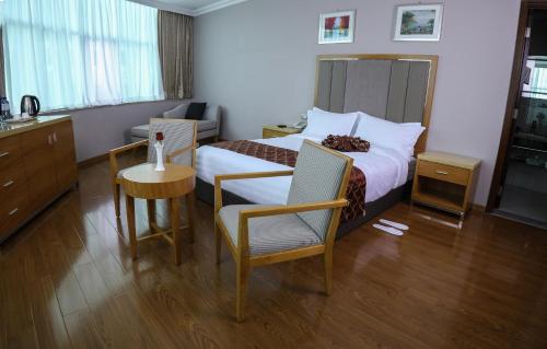 Habitación de hotel con cama, mesa y silla en New Day Hotel, en Addis Ababa