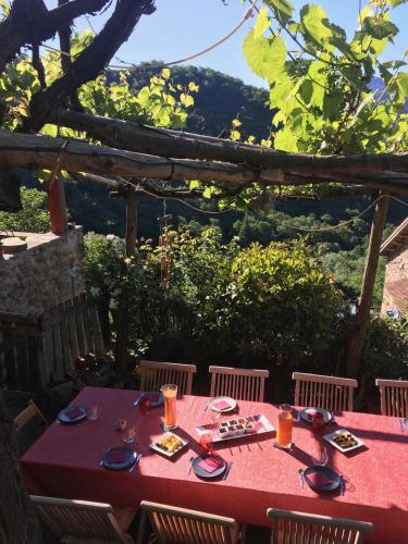 une table avec une nappe rouge et des chaises offrant une vue dans l'établissement Quinte et Sens, à Barnas