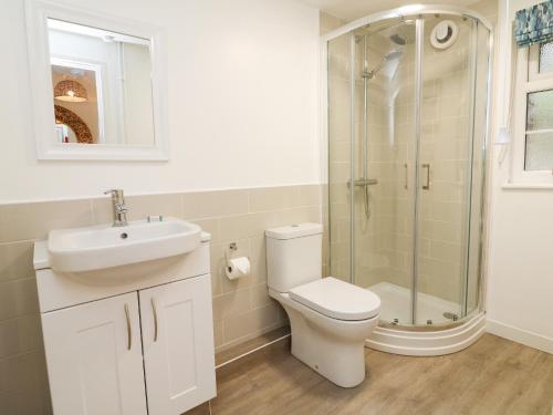 ein Badezimmer mit Toilette, Waschbecken und Dusche in der Unterkunft Martin Cottage in Berrynarbor
