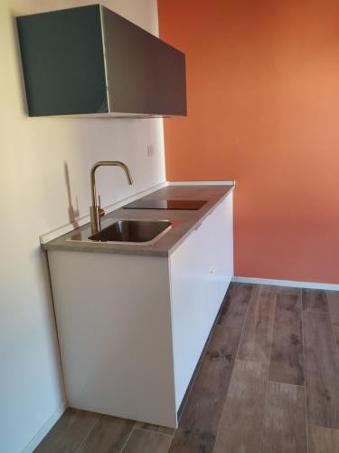 a kitchen with a sink and an orange wall at Pause Lake Garda in San Giorgio