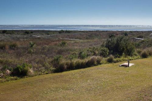 a bench sitting in a field near the ocean at Pelican Point Unobstructed Beach Views Beach Access out back door! in Harbor Island