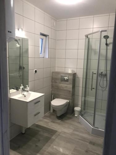 ein Bad mit einem WC, einem Waschbecken und einer Dusche in der Unterkunft Domki Kalmar Sarbinowo in Sarbinowo