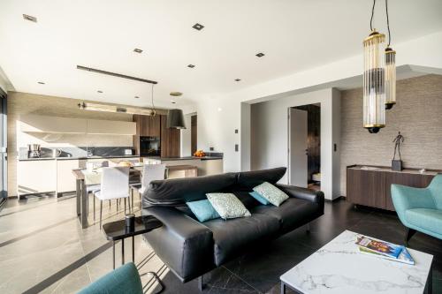 Il comprend un salon avec un canapé en cuir noir et une cuisine. dans l'établissement Villa Casanova, à Aix-les-Bains
