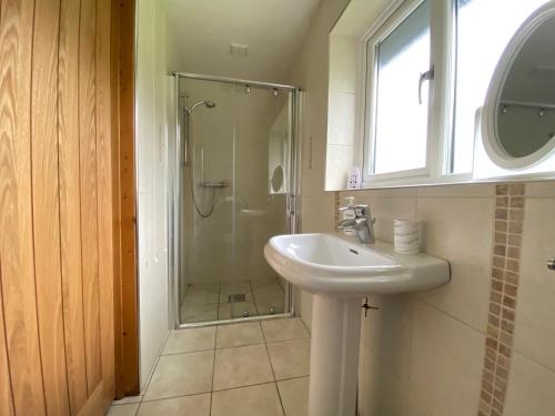 un baño con lavabo y ducha en Buena Vista, en Tintagel