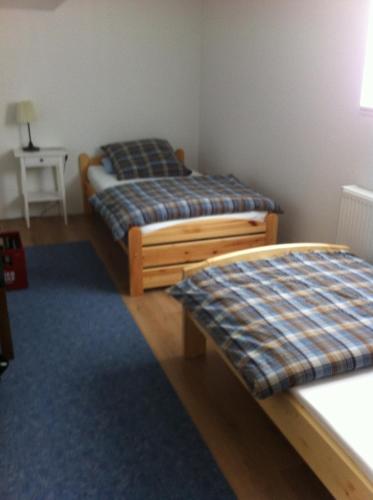 a bedroom with two beds and a blue rug at Forsthof in Bergen