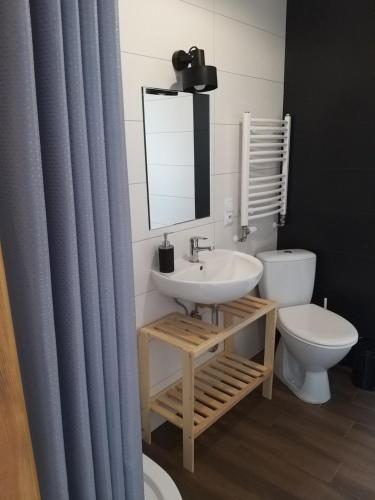 bagno con lavandino, servizi igienici e specchio di Pokoje Optima a Uniejow