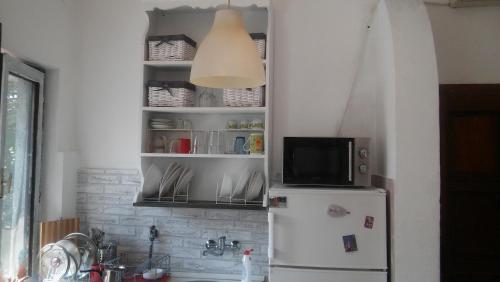 a kitchen with a refrigerator and a tv on top at French Balkony Apartment in Belgrade