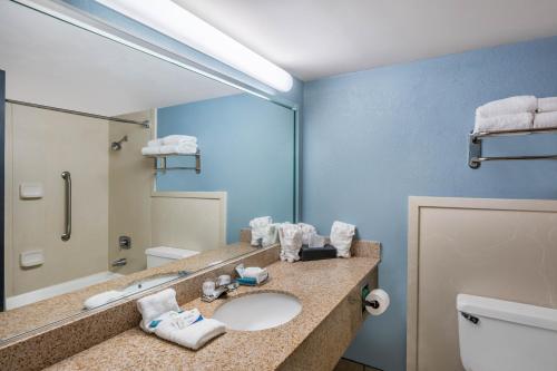 a bathroom with a sink and a toilet and a mirror at Travelodge by Wyndham Memphis Airport/Graceland in Memphis