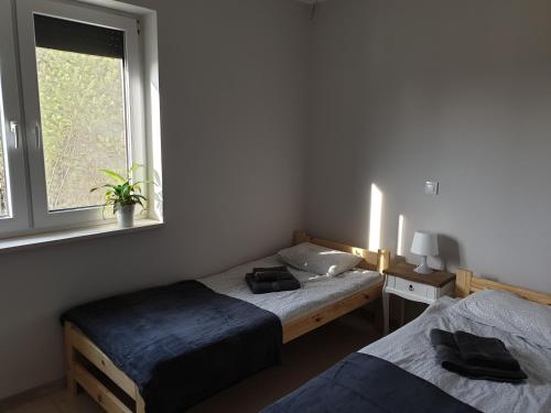 a bedroom with two beds and a window at Apartament w zieleni do wynajęcia blisko jeziora in Środa Wielkopolska