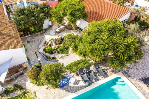 an overhead view of a backyard with a pool and trees at Casa Rico Frade Garden in São Pedro do Corval