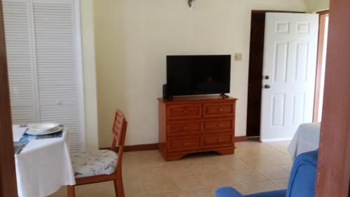 a living room with a tv on a wooden dresser at Manuae House of Birds 1 in Cliftons