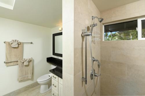 a bathroom with a shower and a toilet and a television at Nona Lani Cottages in Kihei