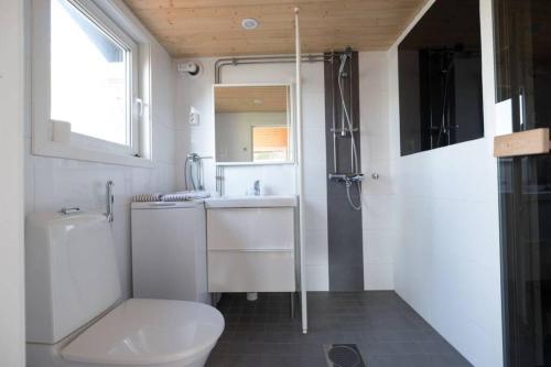 La salle de bains est pourvue de toilettes, d'un lavabo et d'une douche. dans l'établissement Aurora mökki porealtaalla Lapissa Tenojoen rannassa, à Nuorgam