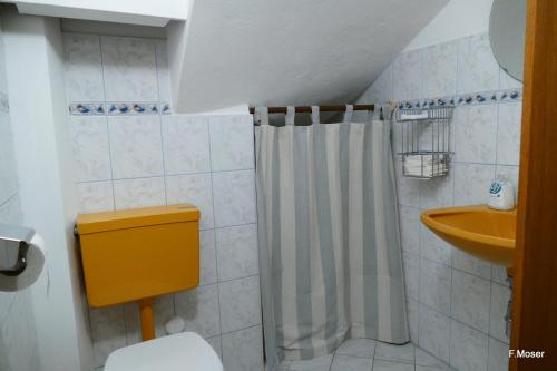 a bathroom with a shower curtain and a toilet at Ferienwohnung Moser in Mariapfarr