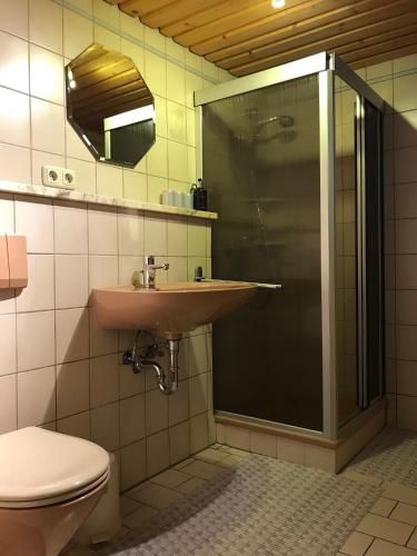 a bathroom with a sink and a shower and a toilet at Ferienwohnung Angelika Neuner in Sulzberg