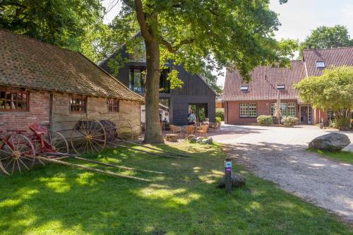 a barn with a horse drawn carriage in front of it at Hoeve Springendal in Ootmarsum
