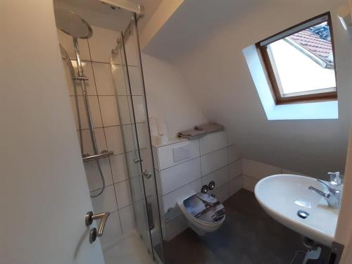 Ett badrum på Heumaden hell und gemütlich eingerichtete 1-Zimmer Wohnung