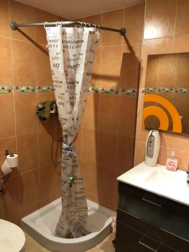 a shower curtain in a bathroom with a toilet at Apartamento Costa Brava in Palafrugell
